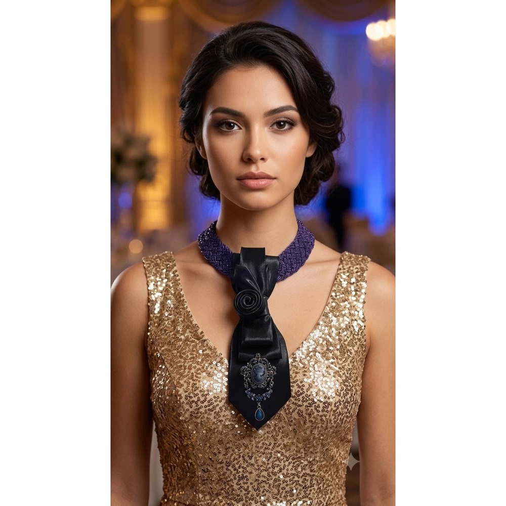 Blue Beaded Collar Satin Tie Necklace w/ Cameo Brooch Victorian Statement Piece
